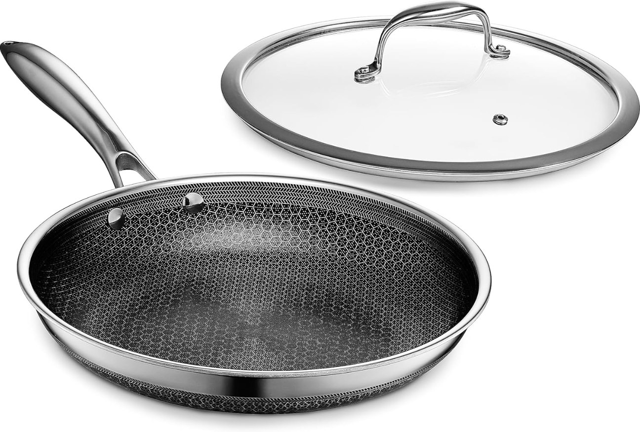 HexClad Hybrid Nonstick 10-Inch Fry Pan with Tempered Glass Lid