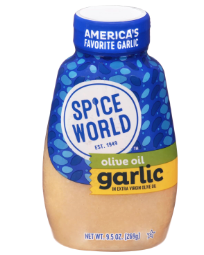 Spice World Squeezable Minced Garlic in Extra Virgin Olive Oil.