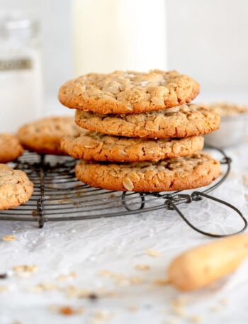 Peanut butter oatmeal cookies stacked.