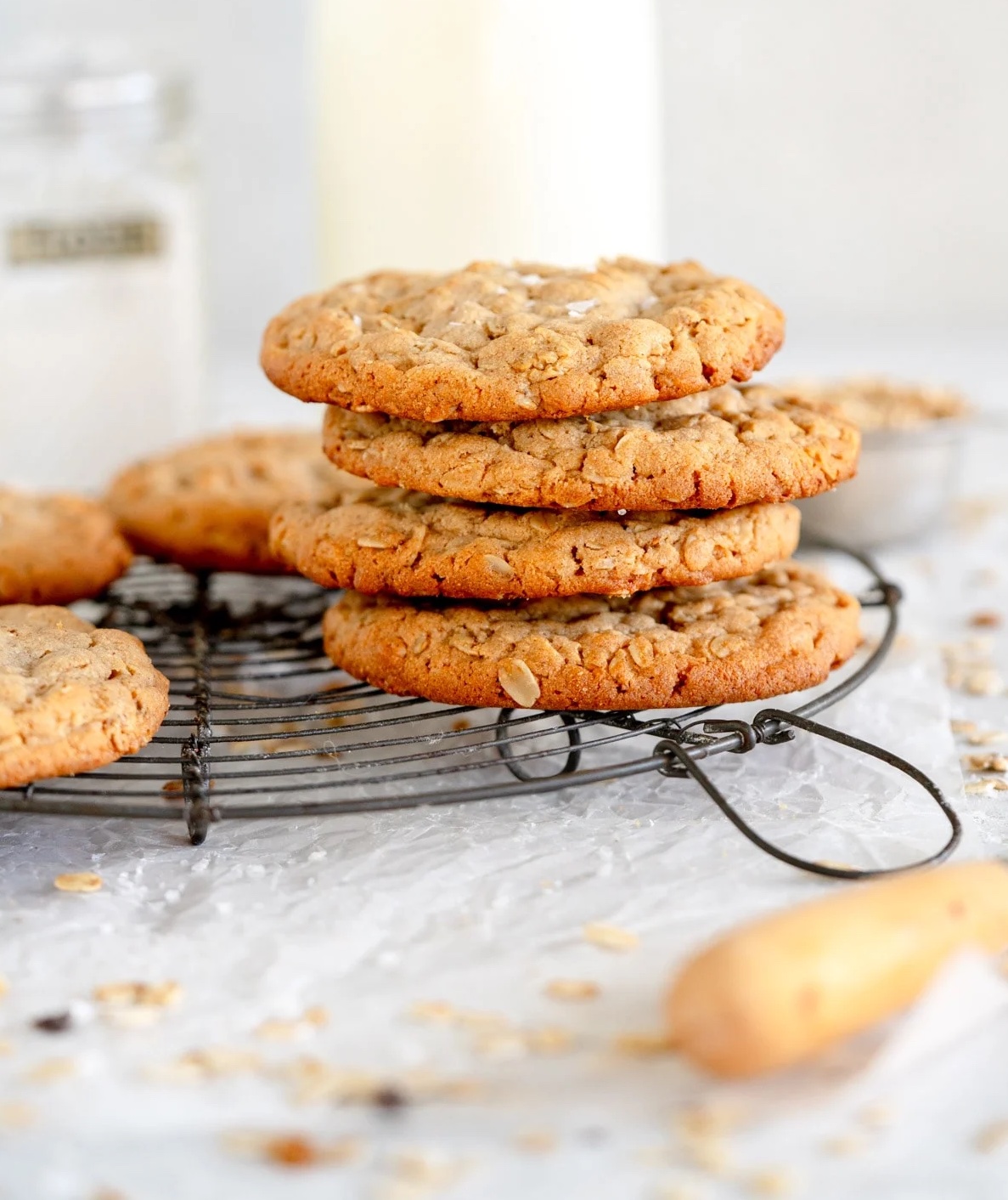 Peanut butter oatmeal cookies stacked.