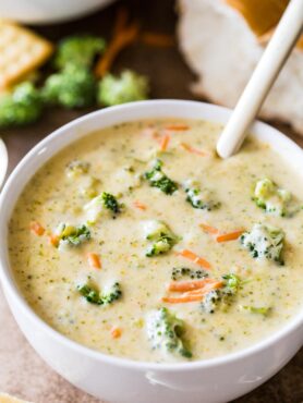 Broccoli cheddar soup ready to serve.