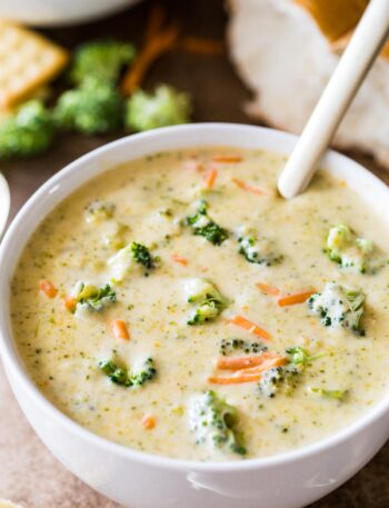 Broccoli cheddar soup ready to serve.