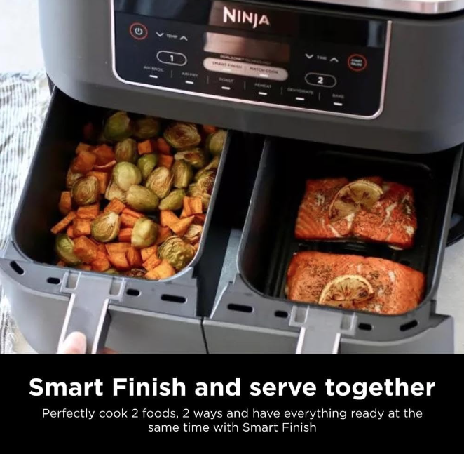 Ninja Air Fryer With Two Baskets Smart Finish and Serve Together.